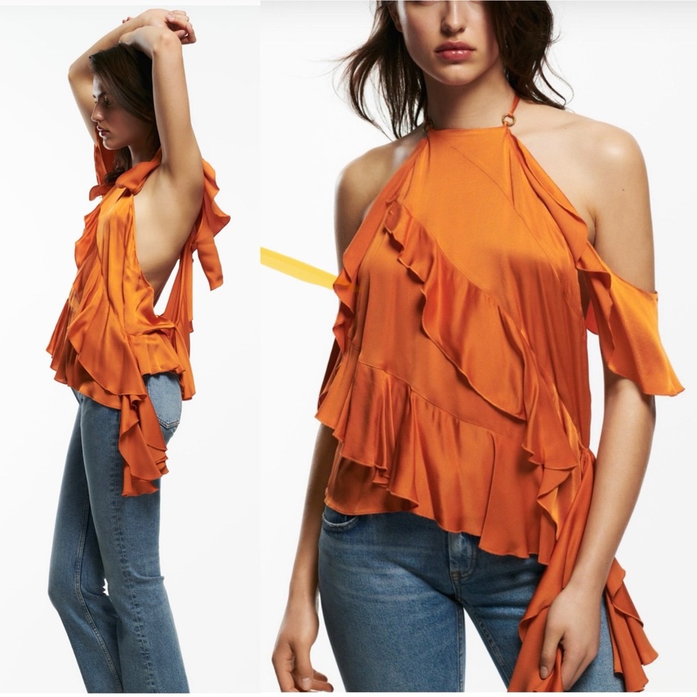 Zara Halter Ruffle Orange Top